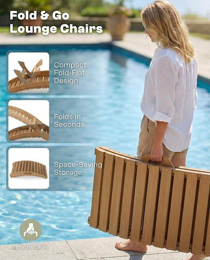 Folding HDPE Pool Lounge Chairs Set of 2, Pre-Assembled Outdoor Chaise Lounge - Image 3
