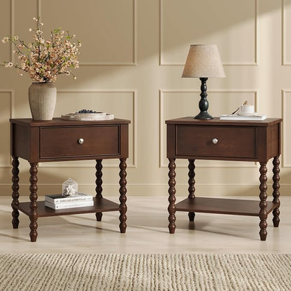 AMERLIFE 24" Walnut Nightstand Set of 2, Vintage Bedside Table by AMERLIFE