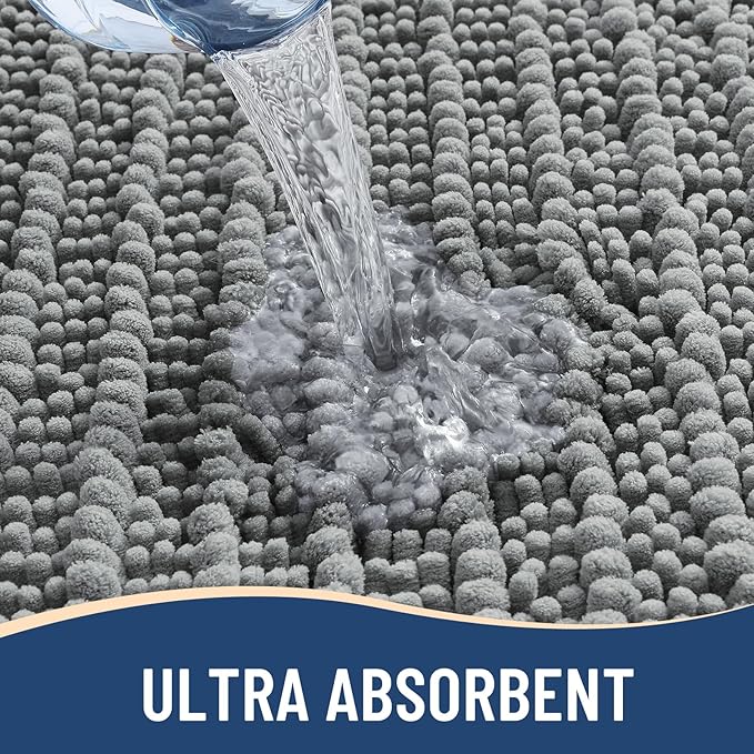 Arotive Luxury Chenille Bathroom Rug Mat, Extra Soft Thick Absorbent Shaggy Bath Rugs, Non-Slip Machine Wash Dry, Plush Bath Mats for Bathroom, Shower and Tub, 47x24, Grey