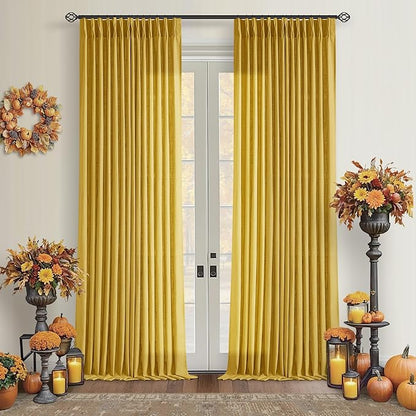 Mustard Yellow Pleated Semi Sheer Linen Curtains 120 Inches Long 2 Panel | by Twodrapes