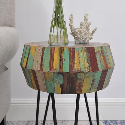 Drum Round Wood Side Table 16" x 16" x 21" H Reclaimed Rustic Multicolor Patio - Image 10