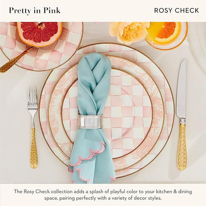 MACKENZIE-CHILDS Enamel Salad and Dessert Plate, Small Plate for Appetizers or Desserts, 8 Inches, Set of 4, Pink-and-White Rosy Check