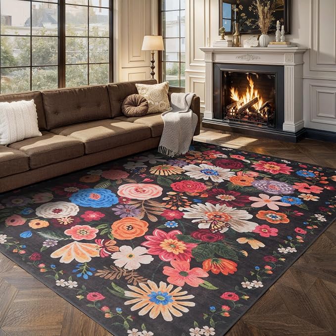Black Brown Floral Large Area Rug 10x14 - Image 7