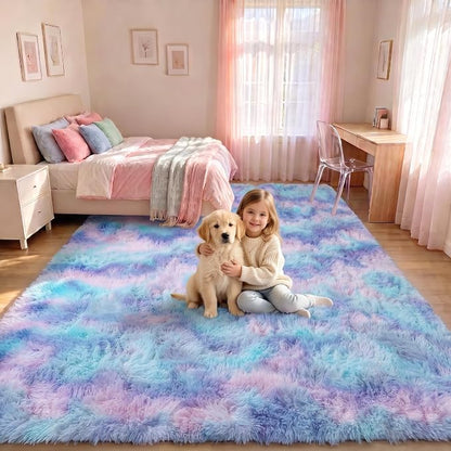 Fluffy Area Rugs for Girls Bedroom, 4x6 Purple Rainbow Bedside Rug, Indoor Cute - Image 3