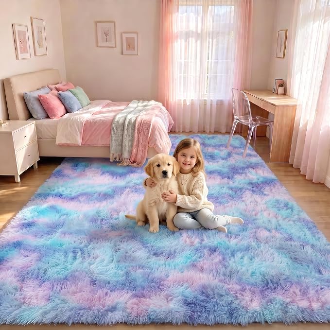 Rainbow Rugs for Girls Bedroom, 5x8 Fluffy Bedside Throw Area Rug, Soft Plush by ONASAR