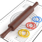 Classic Wooden Rolling Pin with Handle and Pastry Mat for Fondant, Pizza, Pies, Cookies,Rolling Pin for Baking with 3 Multi-Color Thickness Rings,17" x 2.5" (Include handle)