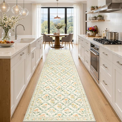 PLHXFR 2.6x14 Washable Runner Rug：Floral Indoor Kitchen Carpet Beige Multi | by PLHXFRSoftAreaRugs