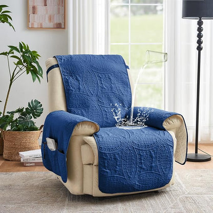 Blue Quilted Recliner Covers, Waterproof Recliner Chair Covers, Lazy Boy Chair - Image 2