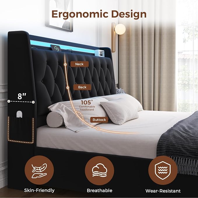 Full LED Velvet Bed Frame with 2 Storage Drawers&Hidden Headboard, Upholstered - Image 6