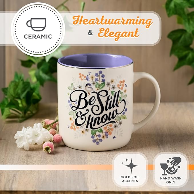 Christian Art Gifts Purple Ceramic Coffee Mug with Silver Rim – 14 oz. Lead & Cadmium-free Non-toxic Inspirational Scripture Coffee and Tea Mug for Women with Bible Verse: Be Still & Know –Psalm 46:10