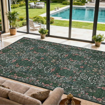 Vintage Green Living Room Rug, 9x12 Washable Area Rugs - Image 2