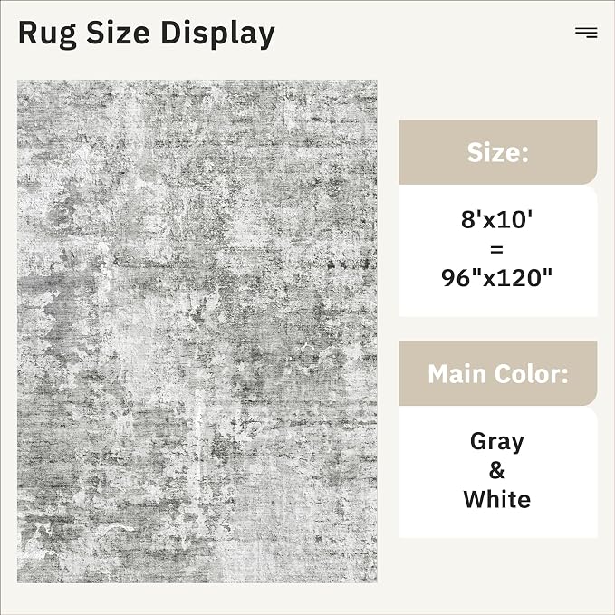 Soalmost Abstract Rug 8x10 Large Living Room Area Rugs Washable Gray/White | - Image 5
