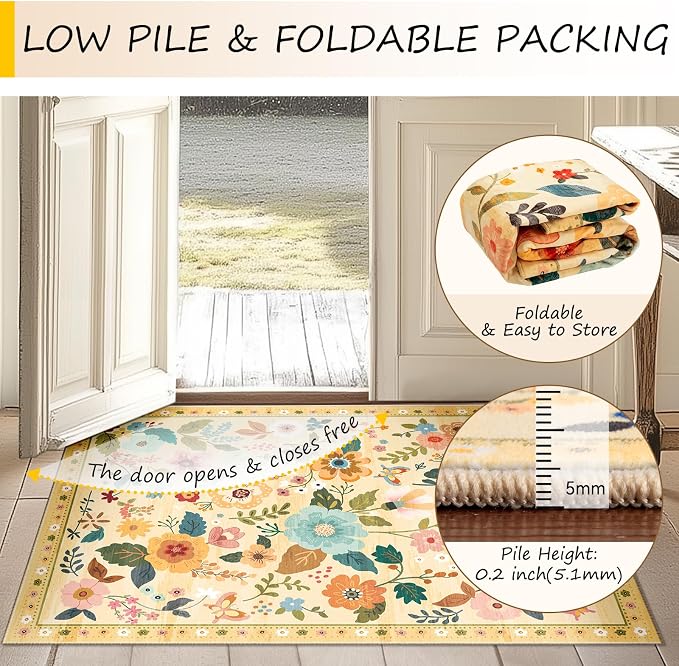 RELEANY Floral Washable Round 6ft Area Rug Ivory/Yellow | Flower Carpet Print - Image 4