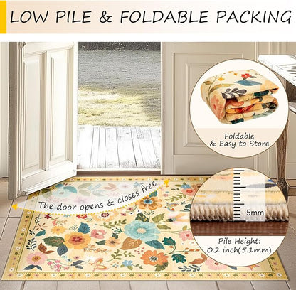 RELEANY Floral Washable Round 4ft Area Rug Ivory/Yellow | Flower Carpet Print - Image 5