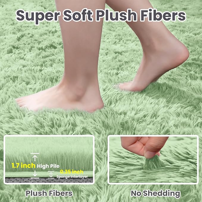 4x6 Fluffy Shag Area Rugs for Living Room Bedroom: Soft Carpet Mint Green | - Image 5