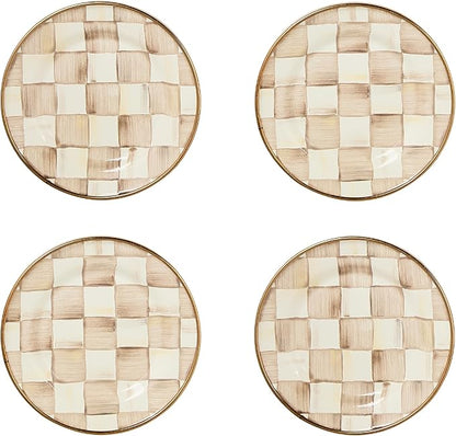 MACKENZIE-CHILDS Set of 4 Enamel Appetizer Plates, Decorative Dinnerware Plate, 5 Inches, Brown-and-White Mocha Check
