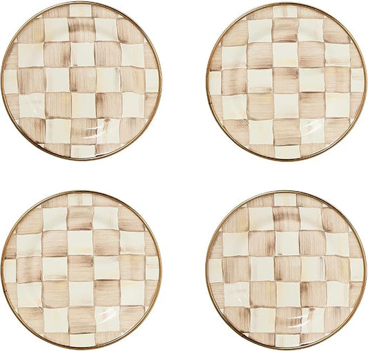 MACKENZIE-CHILDS Set of 4 Enamel Appetizer Plates, Decorative Dinnerware Plate, 5 Inches, Brown-and-White Mocha Check