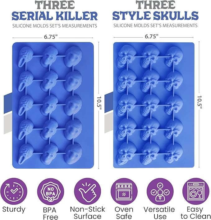 ShapedIceMolds Horror Movie Character Molds – Halloween Silicone Molds for Chocolate, Candy, Resin, Crafts – 3D Scary Film Icons for Party Treats & DIY Decor (Blue)