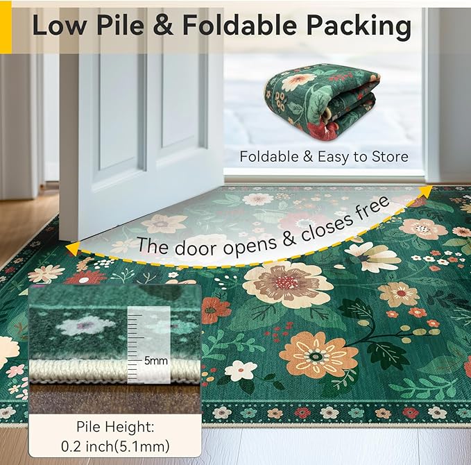 RELEANY Floral Washable 6x9 Area Rugs DarkGreen | Flower Carpet Print Boho Cute - Image 4