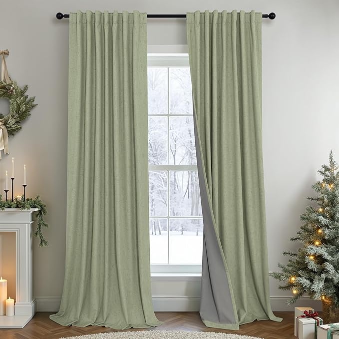 102 Inch Curtains Blackout Sage Green Christmas Decoration Black Out Linen by Pitalk