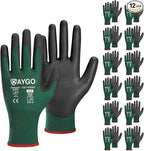 KAYGO Safety Work Gloves PU Coated,12 Pairs KG11PB Seamless Knit Glove for Men and Women, with Smooth Grip on Palm and Fingers, Ideal for General Duty Work (Small,Dark Green)