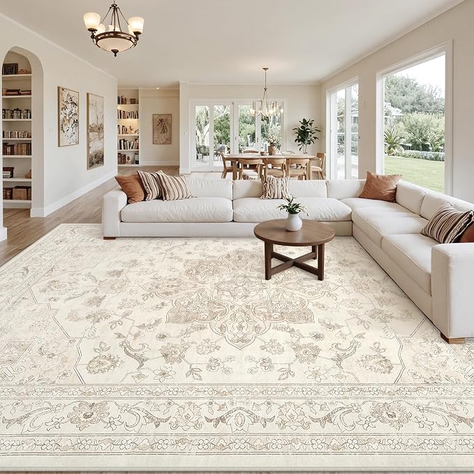 10x14 Area Rugs Living Room: Bedroom Washable Carpet Beige White | Vintage Boho by Luxturiy