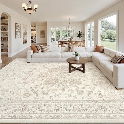 Area Rugs 9x12 Living Room: Bedroom Washable Carpet Beige White | Vintage Boho - Image 8