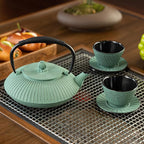 Cast Iron Teapot Set with 2 Tea Cups, 7Pcs Japanese Tea Kettle with Stainless Steel Infuser, Tea Pot Coated with Enameled Interior, Line Pattern, 27oz 780ml Green
