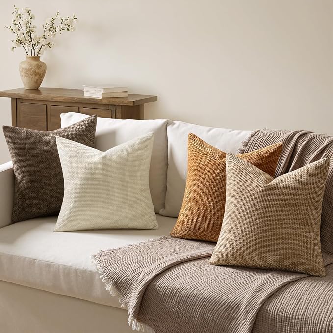 MIULEE Decorative Chenille Fall Euro Pillow Covers Brown 22x22 Pack of 4 | - Image 3