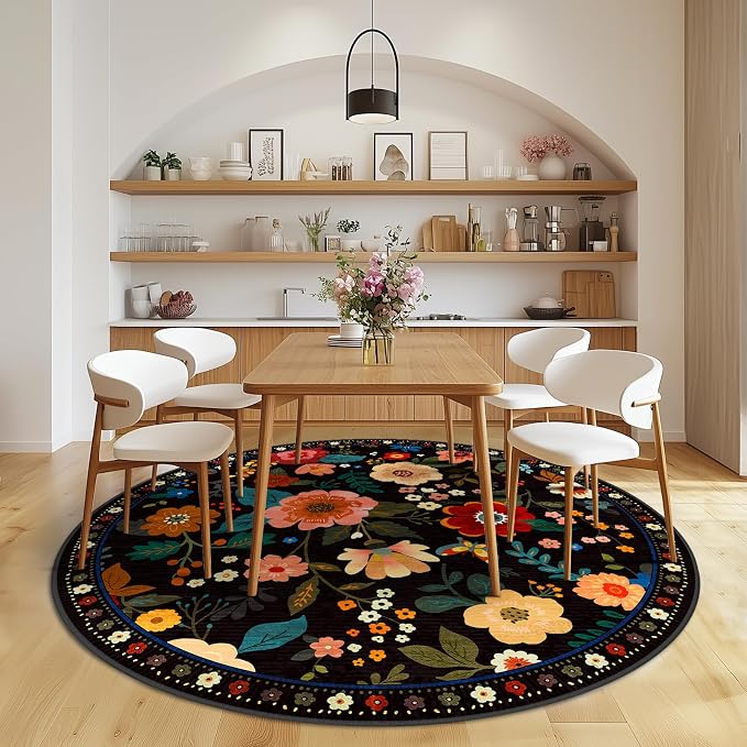RELEANY Floral Washable Round 6ft Area Rug Black | Flower Carpet Print Boho - Image 9