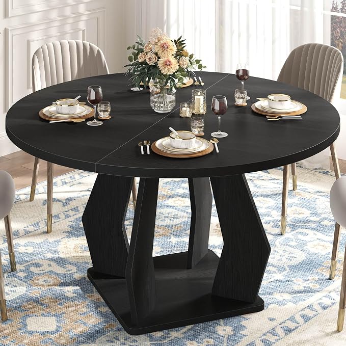 IBF Black Round Dining Table for 4-6, 47 Inch Kitchen Table by IBF