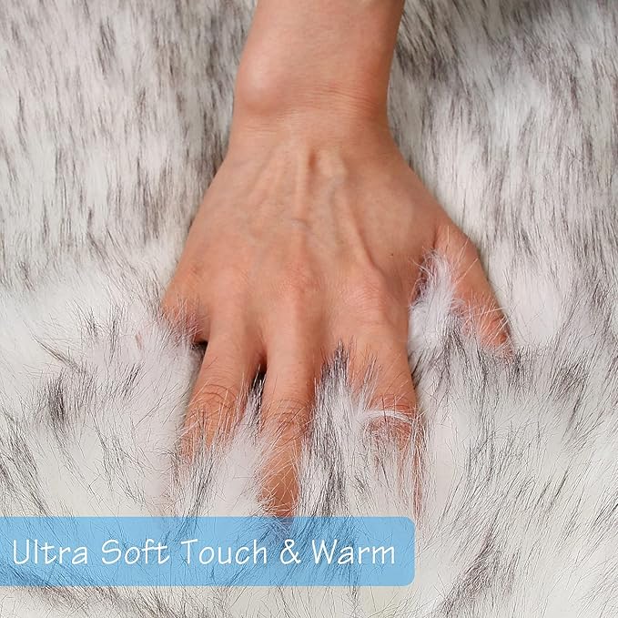 duduta White Black Faux Fur Rug 2x3 ft, Small Shag Bedside Rug Seat Covers | - Image 2