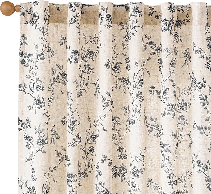 Black Vintage Floral Linen Curtains Farmhouse 50W X 96L 2 Panels | Elisa Series by Lazzzy