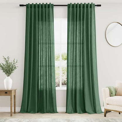 Green Boho Curtains for Bedroom Back Tab Rod Pocket Semi Sheer Linen Curtains by Nanspring