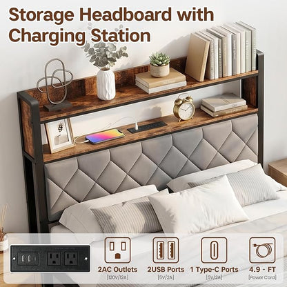 Queen Bed Frame with Charging Station, Upholstered Headboard, Metal Platform - Image 3
