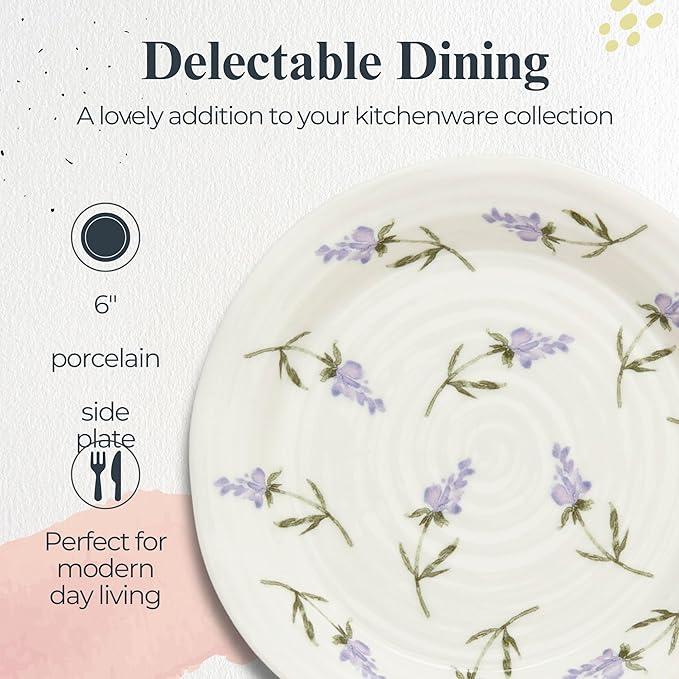Portmeirion Sophie Conran Lavandula Side Plates - Set of 4, Ripple Edge with Lavender Design - For Tapas, Afternoon Tea & Snacks - 6 Inch Floral Porcelain Dishes for Garden Parties & Dining Events