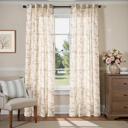 Taupe Vintage Floral Linen Curtains Farmhouse 38W X 96L 2 Panels | Elisa Series - Image 2