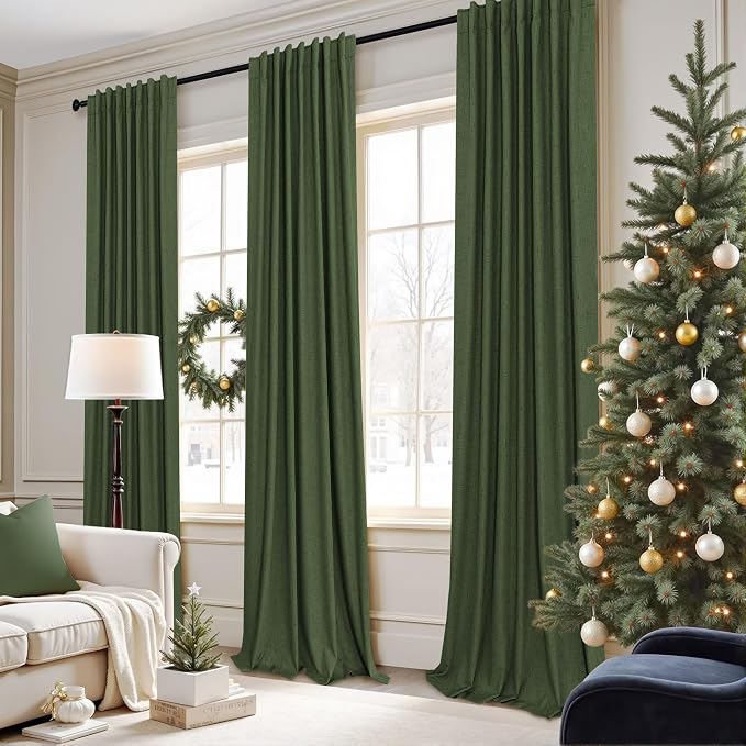 Olive Green Blackout Curtains 84 Inches Long 2 Panels Linen Boho Black Out Dark - Image 2