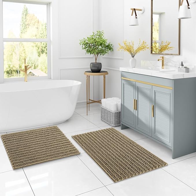 Arotive Luxury Chenille Bathroom Rug Mat, Extra Soft Thick Absorbent Shaggy Bath Rugs, Non-Slip Machine Wash Dry, Plush Bath Mats for Bathroom, Shower and Tub, 45x27, Camel