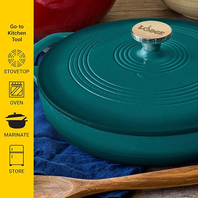 Lodge 3.6 Quart Enameled Cast Iron Covered Casserole with Lid – Dual Handles – Oven Safe up to 500° F or on Stovetop - Use to Marinate, Cook, Bake, Refrigerate and Serve – Lagoon