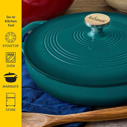 Lodge 3.6 Quart Enameled Cast Iron Covered Casserole with Lid – Dual Handles – Oven Safe up to 500° F or on Stovetop - Use to Marinate, Cook, Bake, Refrigerate and Serve – Lagoon