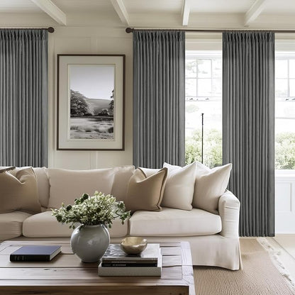 Charcoal Grey 84 Inch Pinch Pleated Linen Semi Sheer Curtains 2 Panel Set | - Image 7