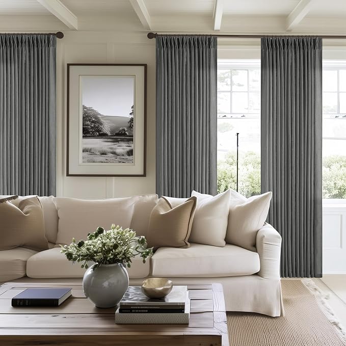 Dark Grey 80 Inch Pinch Pleated Linen Semi Sheer Curtains 2 Panel Set | - Image 7