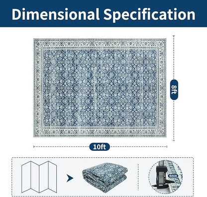 8x10 Boho Washable Area Rugs for Living Room, Dining Room-White Blue | Retro - Image 2