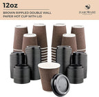 [100 SET]Harvest Pack 12 oz Disposable Coffee Cups, Insulated Ripple Double-Walled Paper Cups with Lids, Brown Geometric, Leak-Proof Drinking Cups for Tea Hot Chocolate Drinks To go coffee cups