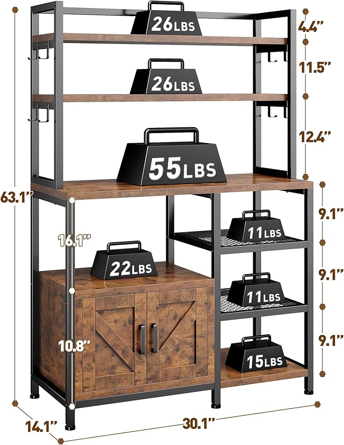 EnHomee Bakers Rack, 6 Tier Microwave Stand, Coffee Bar Organizer with 8 L-Shaped Hooks, Kitchen Shelves with Large Capacity Storage, 14.1 x 30.1 x 63.1 Inches, Rustic Brown