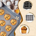 BEWOS 2 PCS Non-Stick 12 Cup Muffin Pan, Carbon Steel Mini Muffin Pan with 24 Reusable Silicone Silicone Molds, Dishwasher Safe & Easy Clean Muffin Tin, Baking Moulds for Muffins or Cupcake（Grey）
