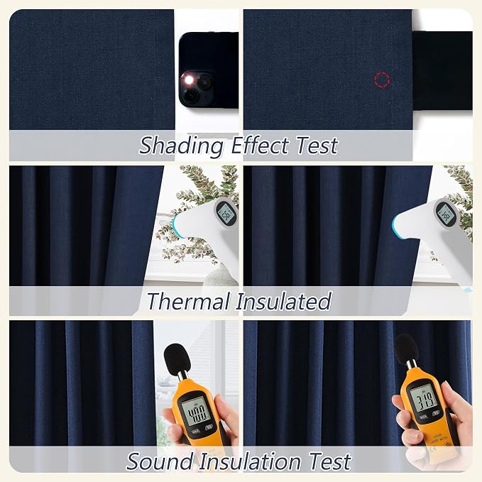 Navy Blue 100% Blackout Linen Curtains 102 Inch Length 2 Panels Set - Image 4