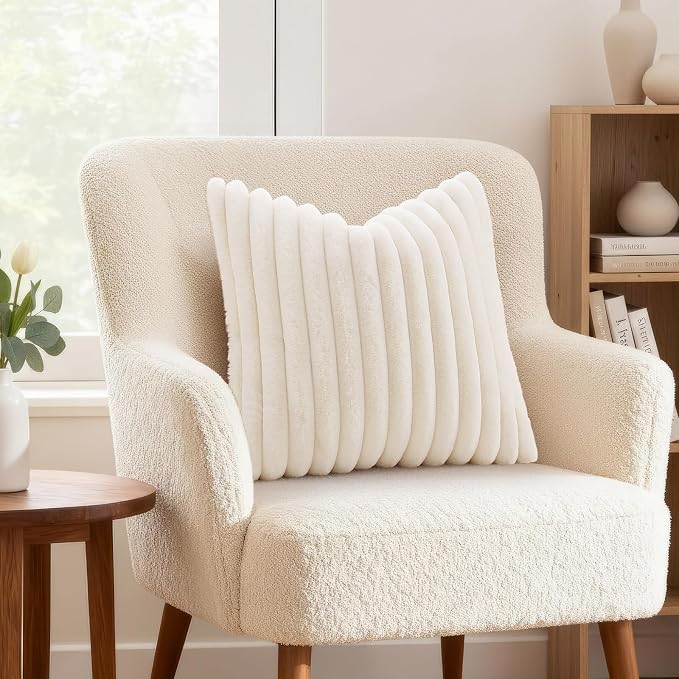 decorUhome Fall Faux Fur Throw Pillow Covers 24x24 Set of 2 Cream White | - Image 2