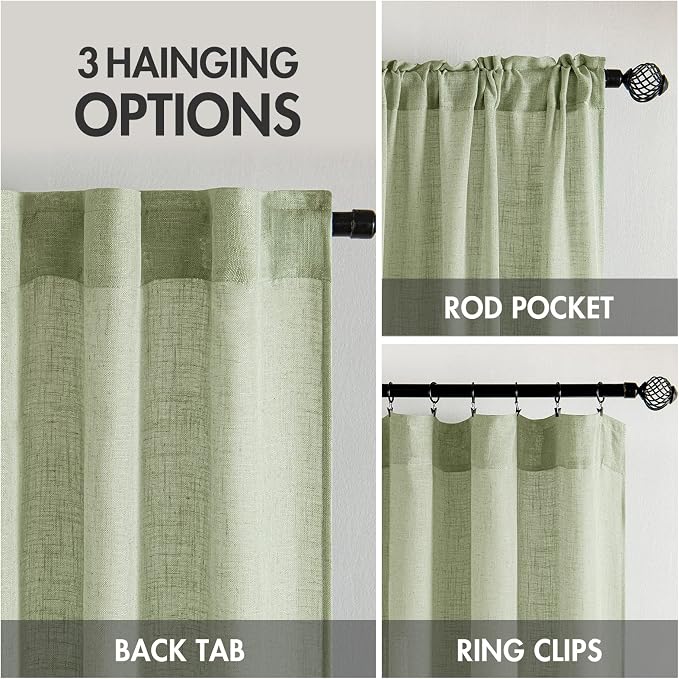 MIULEE Sage Green Linen Curtains 52x102 Inch Length 2 Panels - Image 3